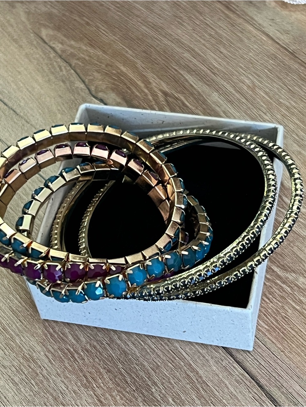Gold Tone Bangle Bracelet Stack Set Purple Teal Rhinestone Boho Jewelry